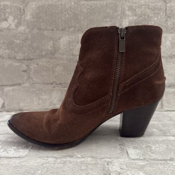 Frye Brown Suede Ankle Boots Cowboy Heeled Pointed Toe Zip Used Women's Size 6.5 - Picture 2 of 16